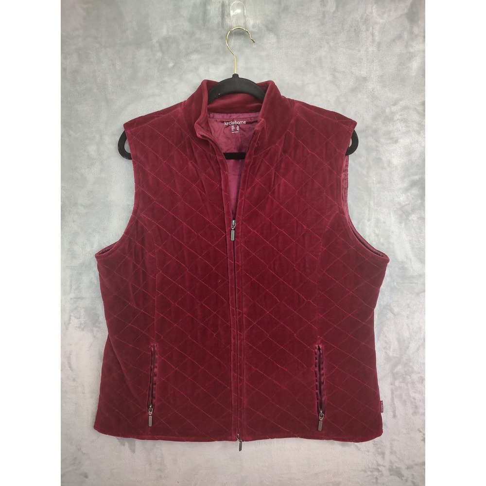 Liz Claiborne Quilted Velvet Vest Women XL Burgundy Zip Front Pockets